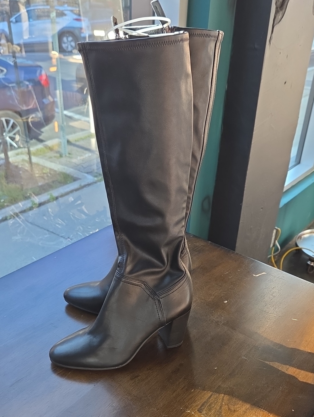 Franco Sarto Size 5.5 Women's Black Knee-High Heeled Leather Boots NEW